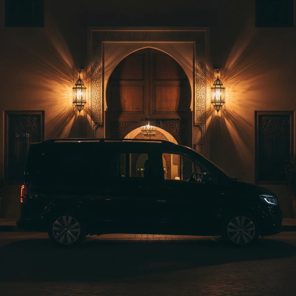 Van noir de nuit devant la porte d’un riad de Marrakech, lanternes allumées